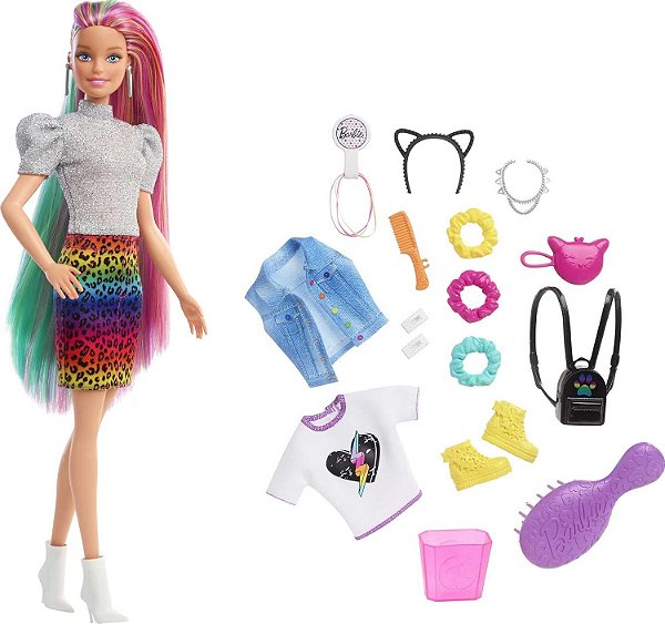 Boneca Barbie Fashion & Beauty Penteado Arco-íris Animal Print Loira