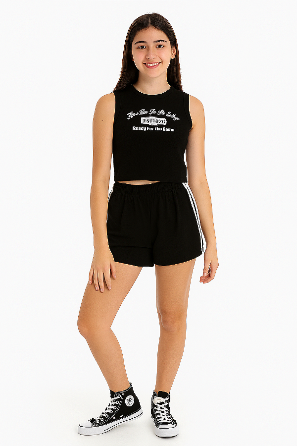 CONJUNTO INFANTIL COM REGATA E SHORTS EM RIBANA 2X1 E MOLETOM