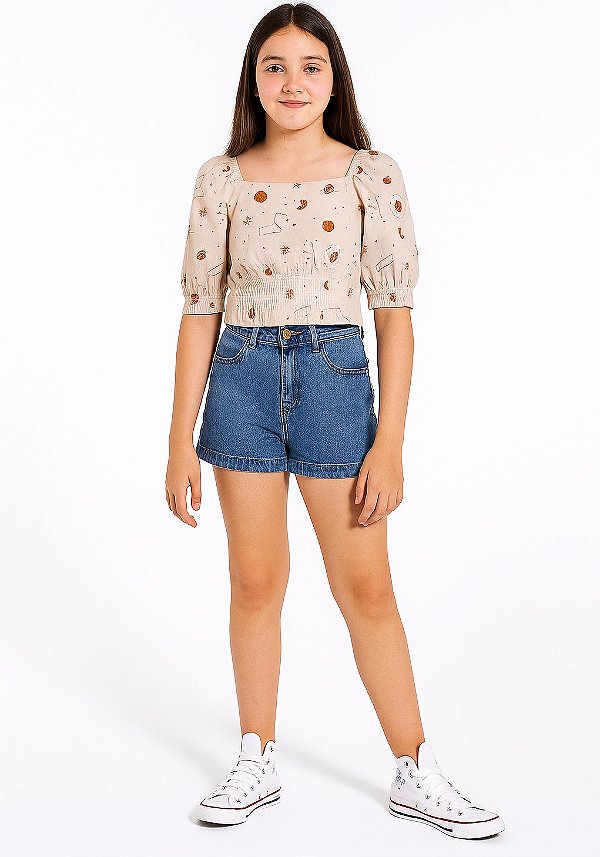 BLUSA FEMININA CROPPED EM RAYON BALI COM MANGAS BUFANTES