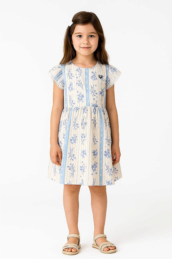 VESTIDO CURTO ESTAMPADO COM MANGAS CURTAS E FAIXA EMBUTIDA