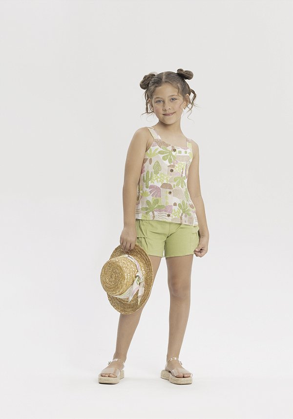 CONJUNTO MENINA COM BLUSA DE ALÇAS ESTAMPADA E SHORTS TAM 16