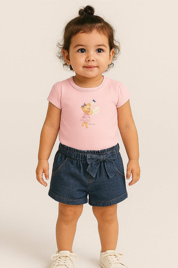 CONJUNTO INFANTIL BLUSA E SHORTS EM COTTON LEVE E LIGHT DENIM