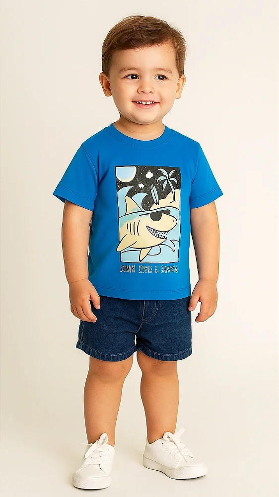 CAMISETA INFANTIL EM MEIA MALHA COM ESTAMPA TUBARÃO "SWIM LIKE A SHARK"