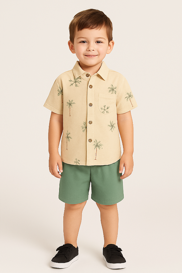 CONJUNTO MENINO INFANTIL COM CAMISA ESTAMPADA E BERMUDA