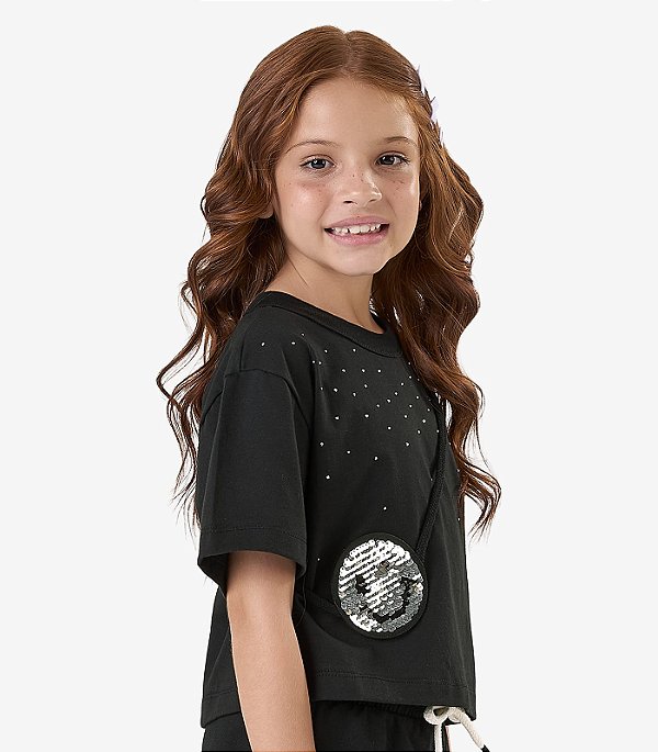 BLUSA INFANTIL MENINA COM STRASS E BOLSINHA DIVERTIDA
