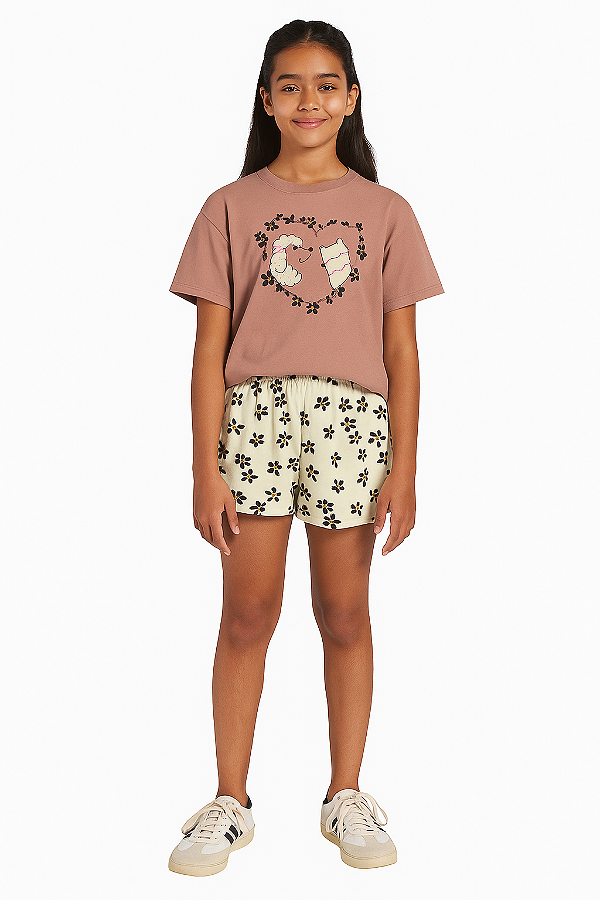 CONJUNTO INFANTIL FEMININO EM MEIA MALHA MALHÃO FRUIT COM STRASS