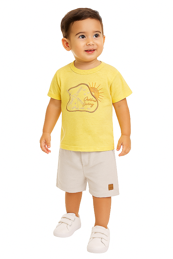 CONJUNTO INFANTIL MASCULINO EM MEIA MALHA COM CAMISETA E BERMUDA