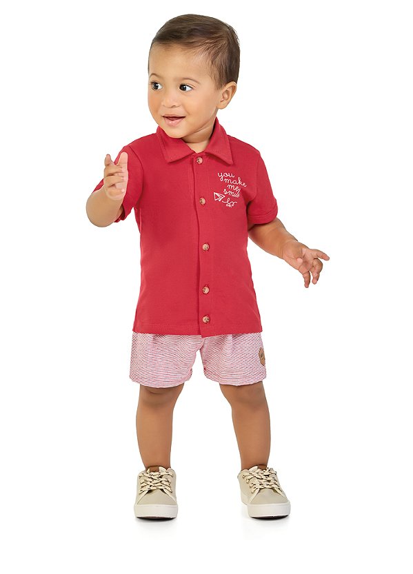 Conjunto Camisa em Meia Malha Penteada e Bermuda