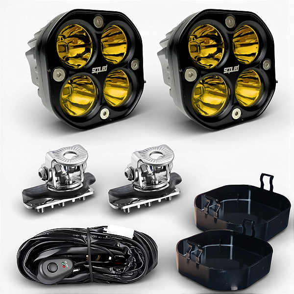 KIT COMPLETO: PAR CUBOS SPOT 40W ÂMBAR + CHICOTE + SUPORTE DE CAPÔ + CAPAS RÍGIDAS