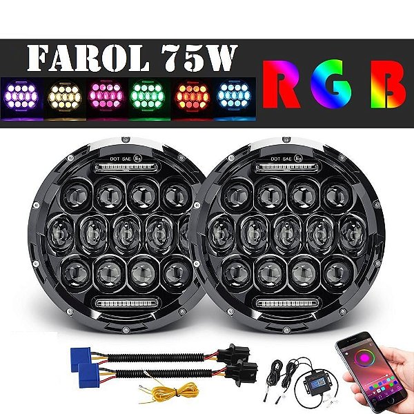 Farol Full Led 75w Novo Troller RGB Bluetooth