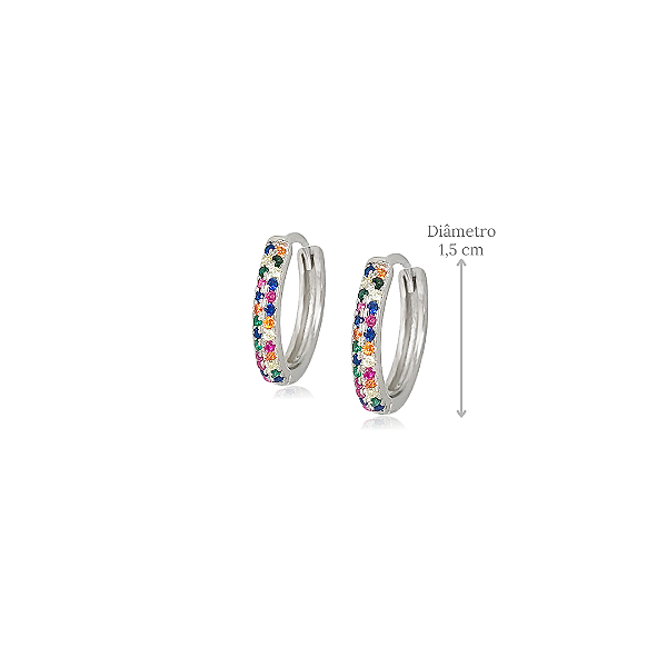 Brinco Argola com Zircônias Coloridas em Prata 925 - Diâmetro: 1,4 cm