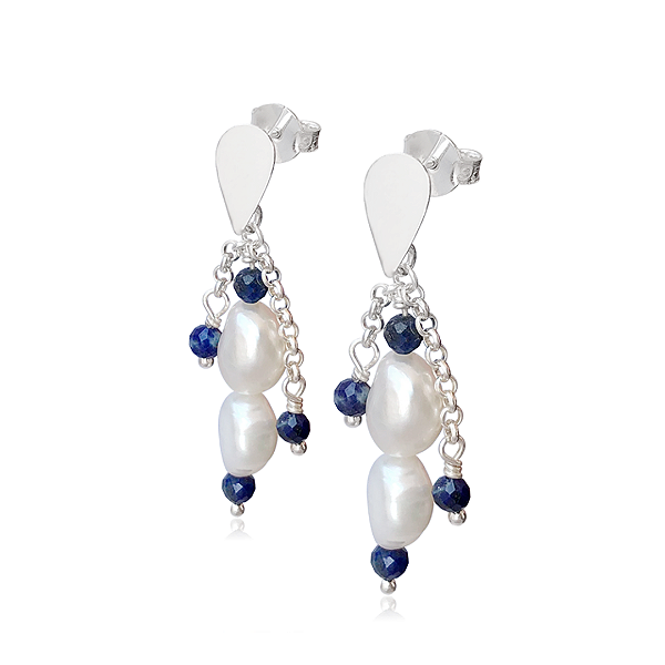 Brinco de Pérola e Lápis Lazúli com Corrente em Prata 925