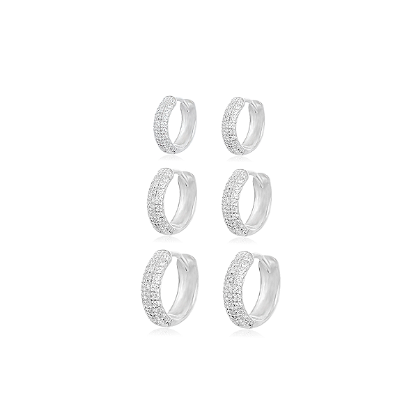 Trio de Brincos Argola Click em Prata 925 com Zircônias