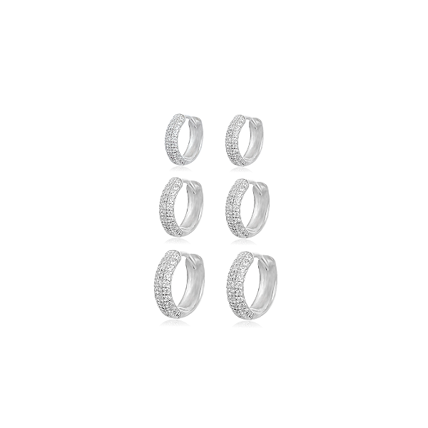 Trio de Brincos Argolas Click em Prata 925 Cravejados com Zircônias - Diâmetros: 0,9, 1,1 e 1,3 cm
