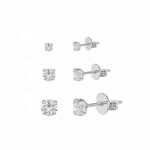 Trio de Brincos em Prata 925 com Zircônias Ponto de Luz - Diâmetros: 0,2, 0,3 e 0,4 cm