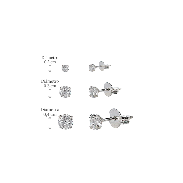 Trio de Brincos em Prata 925 com Zircônias Ponto de Luz - Diâmetros: 0,2, 0,3 e 0,4 cm