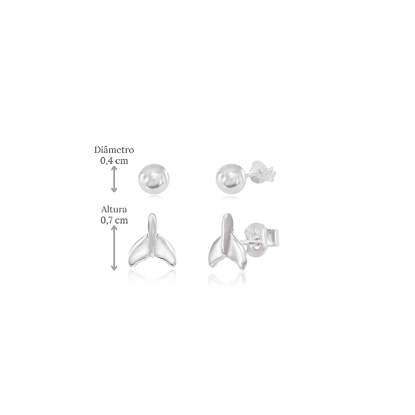 Kit de Brincos em Prata 925 - Bolinha e Cauda de Sereia