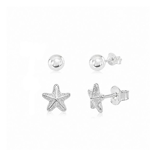 Kit de Brincos em Prata 925 - Bolinha e Estrela