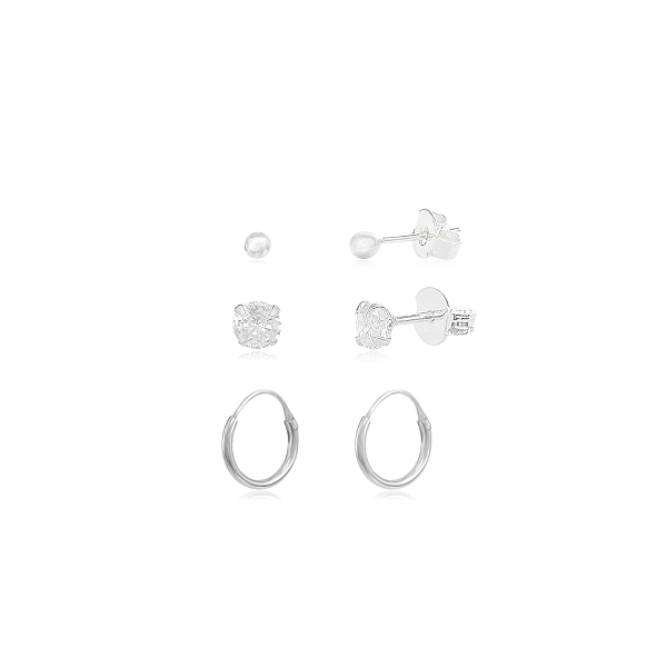 Trio de Brincos em Prata 925 - Bolinha, Ponto de Luz e Argola