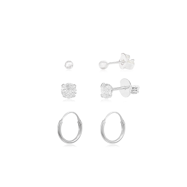 Trio de Brincos em Prata 925: Bolinha, Ponto de Luz e Argola