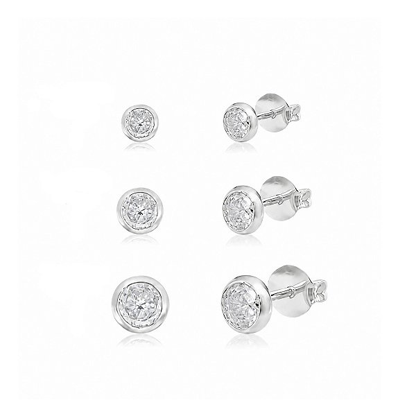 Trio de Brincos Redondos em Prata 925 com Zircônias Pontos de Luz - Diâmetros: 0,3, 0,4 e 0,5 cm