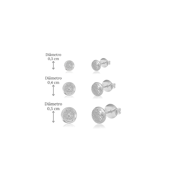 Trio de Brincos Redondos em Prata 925 com Zircônias Pontos de Luz -  Diâmetros: 0,3, 0,4 e 0,5 cm