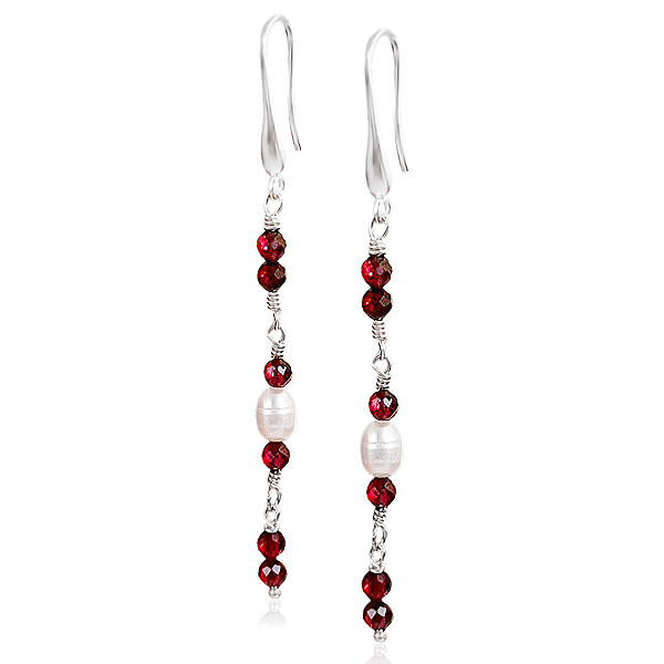 Brinco Granada e Pérola com Fecho Gancho em Prata 925