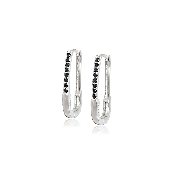 Brinco Argola Retangular em Prata 925 com Zircônias Negras e Fecho Click
