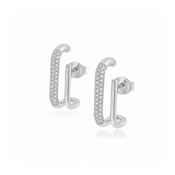 Brinco Ear Hook Duplo 1 Filete Liso 1 Cravejado com Zircônias em Prata 925