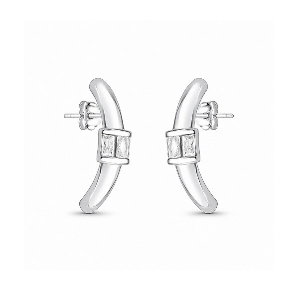 Brinco Ear Hook Curvado com Zircônias Central em Prata 925