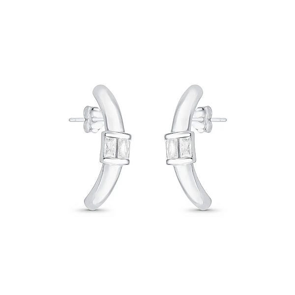 Brinco Ear Hook Curvado com Zircônias Central em Prata 925