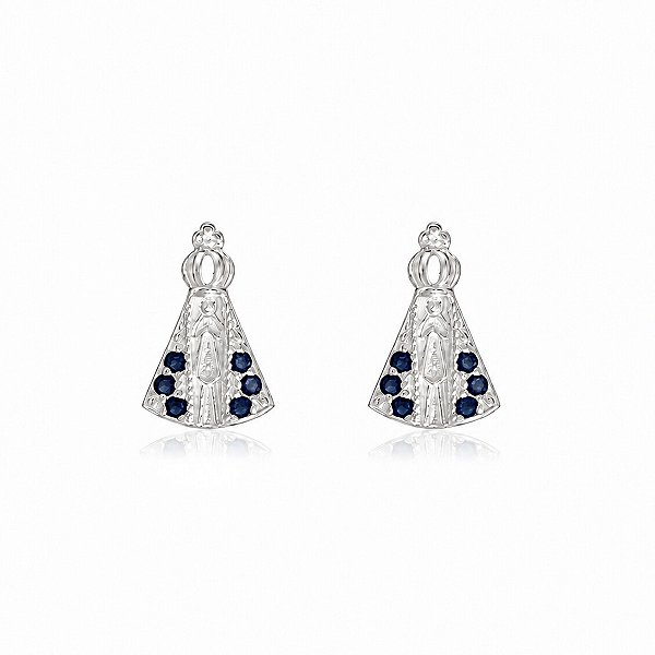 Brinco Nossa Senhora Aparecida prata 925 com zircônias azuis.