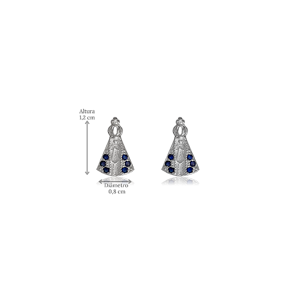 Brinco Nossa Senhora Aparecida prata 925 com zircônias azuis.