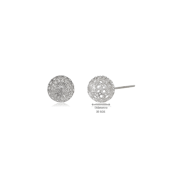 Brinco Bola Vazada e Trabalhada 10 mm em Prata 925