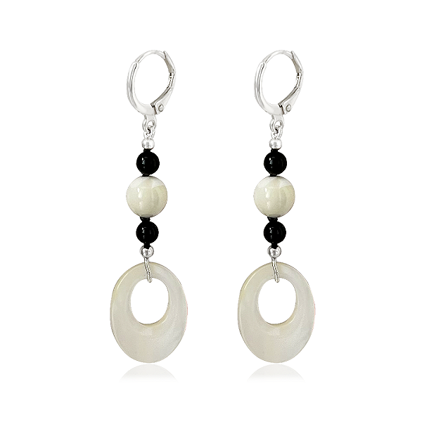 Brinco Pendente Madrepérola e Ágata Negra Prata 925
