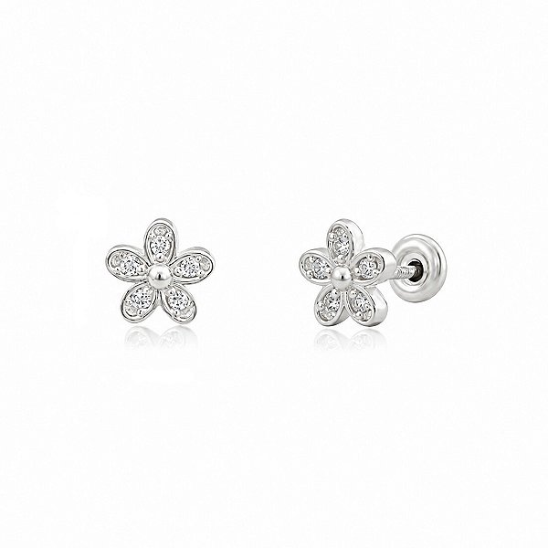 Brinco Florzinha Mini com Zircônias Tarraxa Baby Prata 925