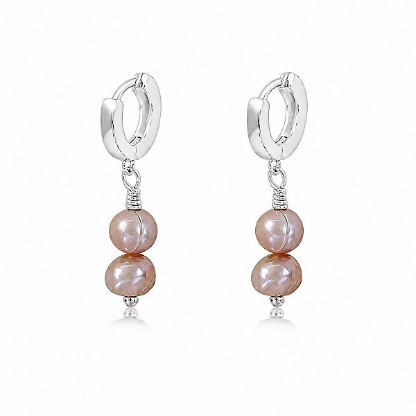 Brinco Pendente Duas Pérolas Rosê Prata 925