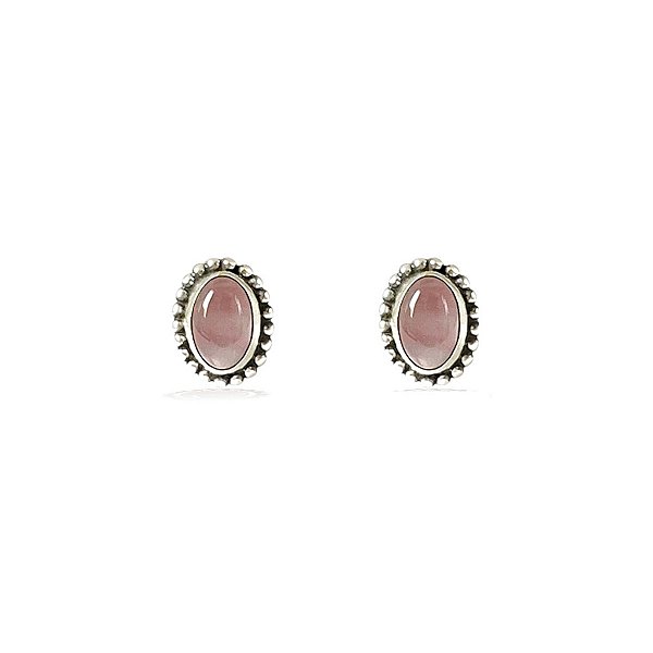 Brinco Pequeno Oval Quartzo Rosa em Prata 925 Vintage