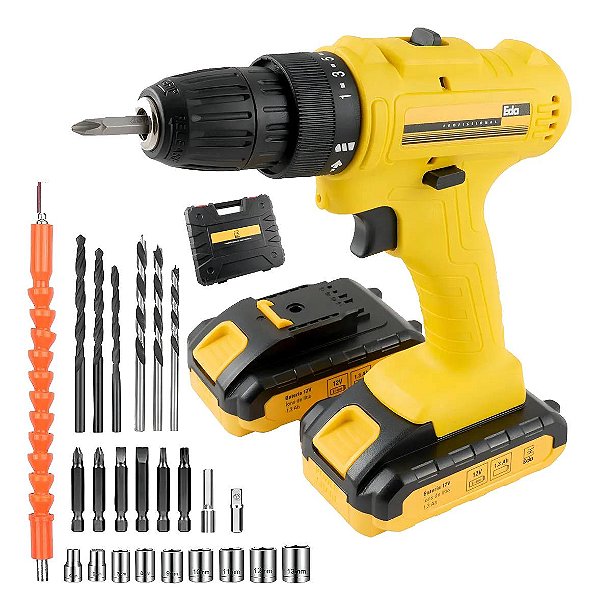 Parafusadeira Furadeira EDA 12V com 2 Baterias + Maleta Kit 23 Peças Profissiona