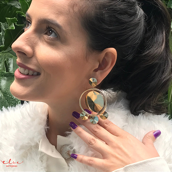 Brinco Rafa Chapa grande e Chapinha Banhado a Ouro 18K