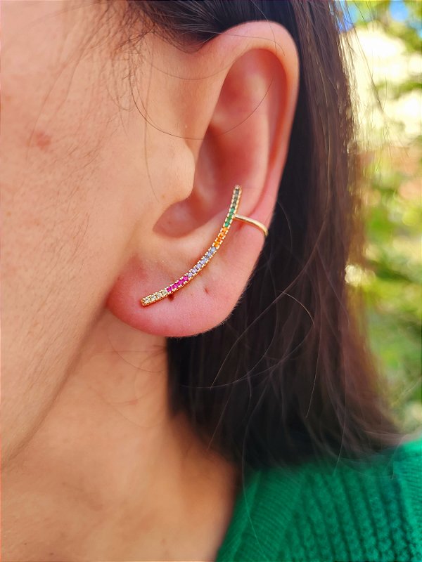 Brinco Ear Cuff Colorido Fino Banhado a Ouro 18K