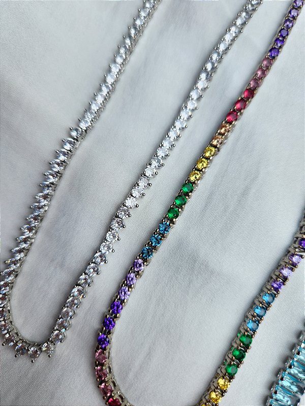 Colar Riviera Zircônia Colorida Ródio Branco