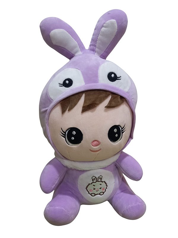 Boneca com roupa de coelho lilás grande em plush