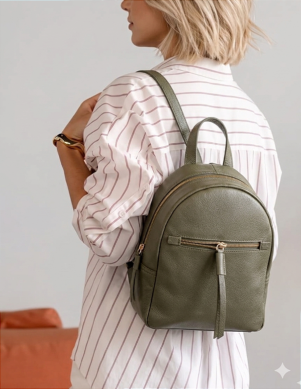 BOLSA MOCHILA OLIVA EM COURO