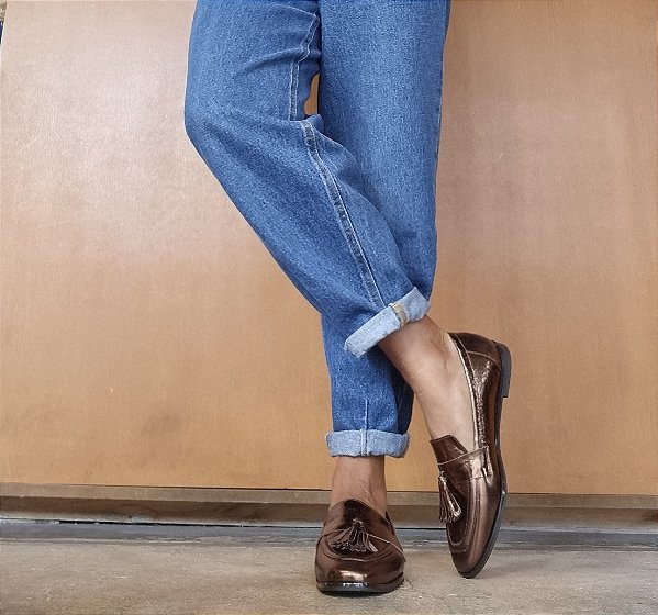 MOCASSIM EM COURO  COBRE - BALA CAFÉ