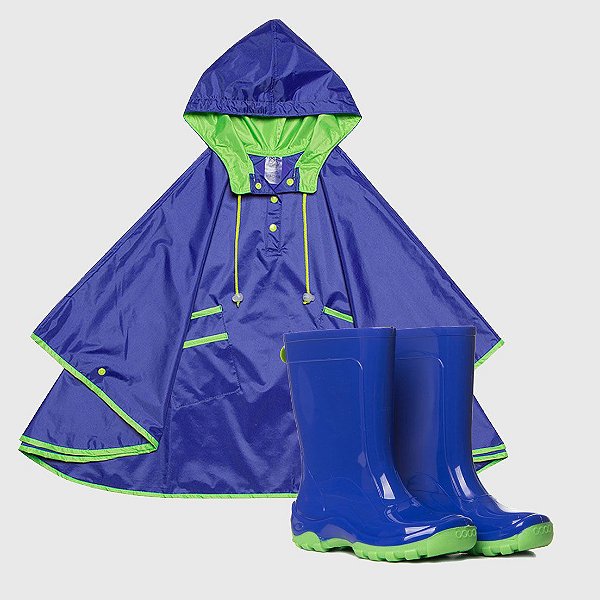 Kit Capa de Chuva KidSplash! Azul Neon + Galocha Lisa Azul Neon