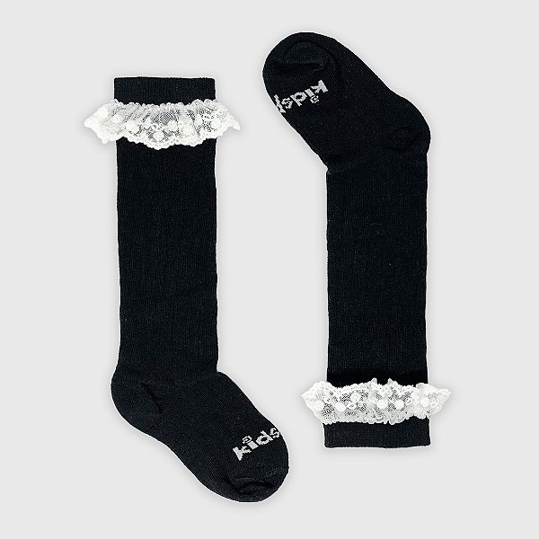 Meia KidSplash! 3/4 Canelada Rendinha Tule Preta