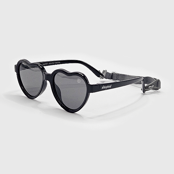 Óculos de Sol Infantil Flexível Proteção UV400 Mini Coração Preto Elástico de Segurança Cinza