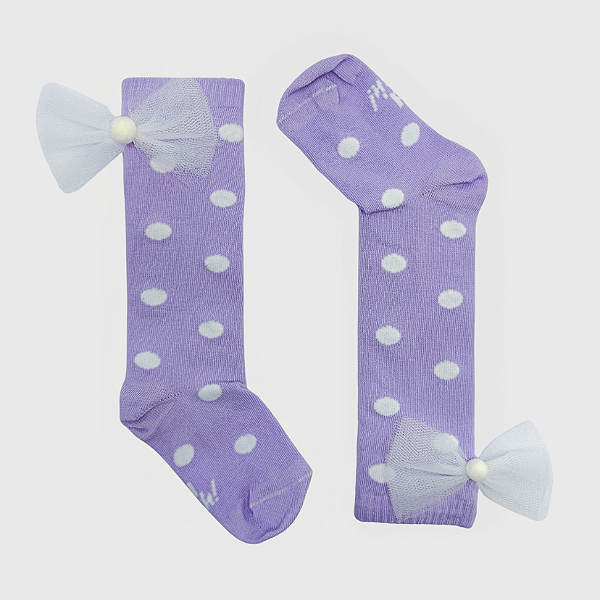 Meia KidSplash! 3/4 Bolas Lilás Laço Tule 3D