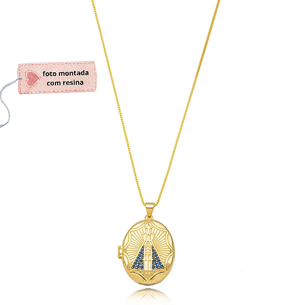 Colar relicário Virgínia medalha Nossa Senhora Aparecida semijoia banhado ouro 18k